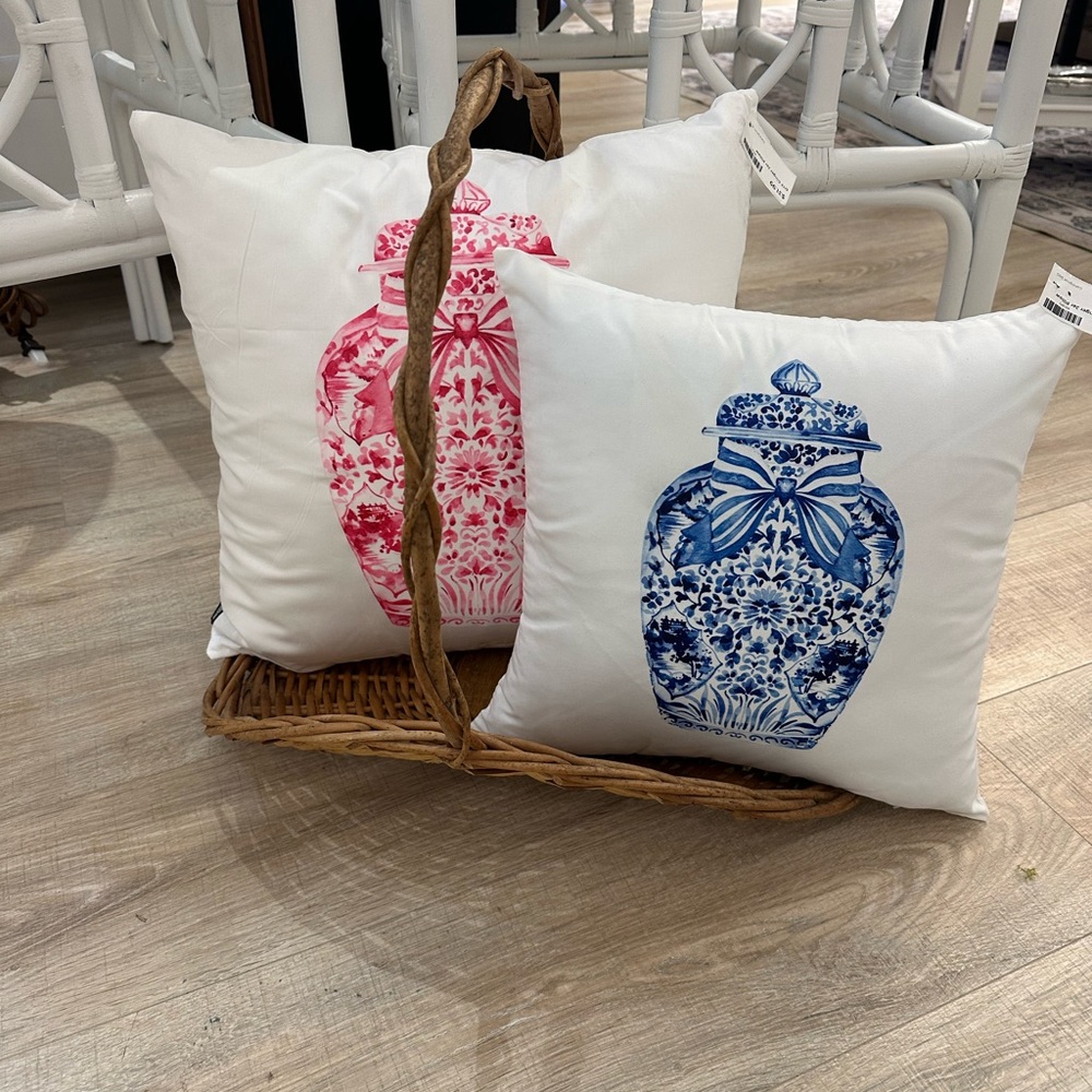 Decorative White Pillows with Pink and Blue Ginger Jar Design